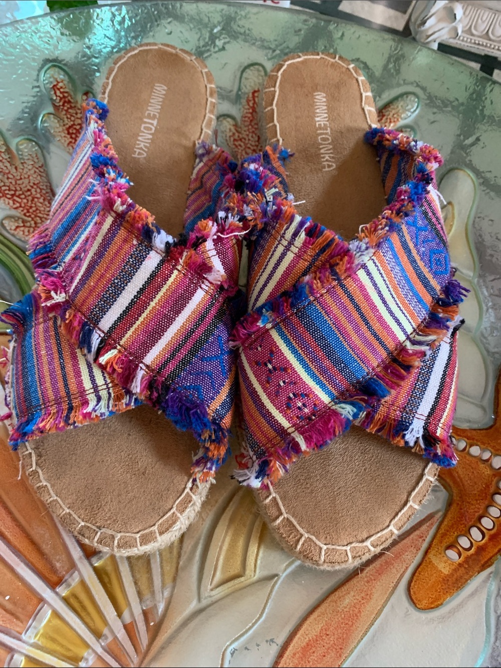 Minnetonka Multicolor Striped Frayed Slide Sandals Size 8 - Picture 2 of 6